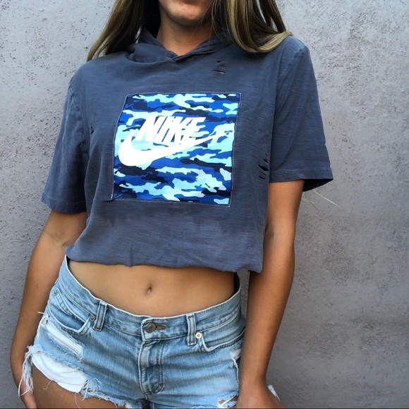 Repurposed Nike Hoodie Distressed Crop Tee - Picture 3 of 6